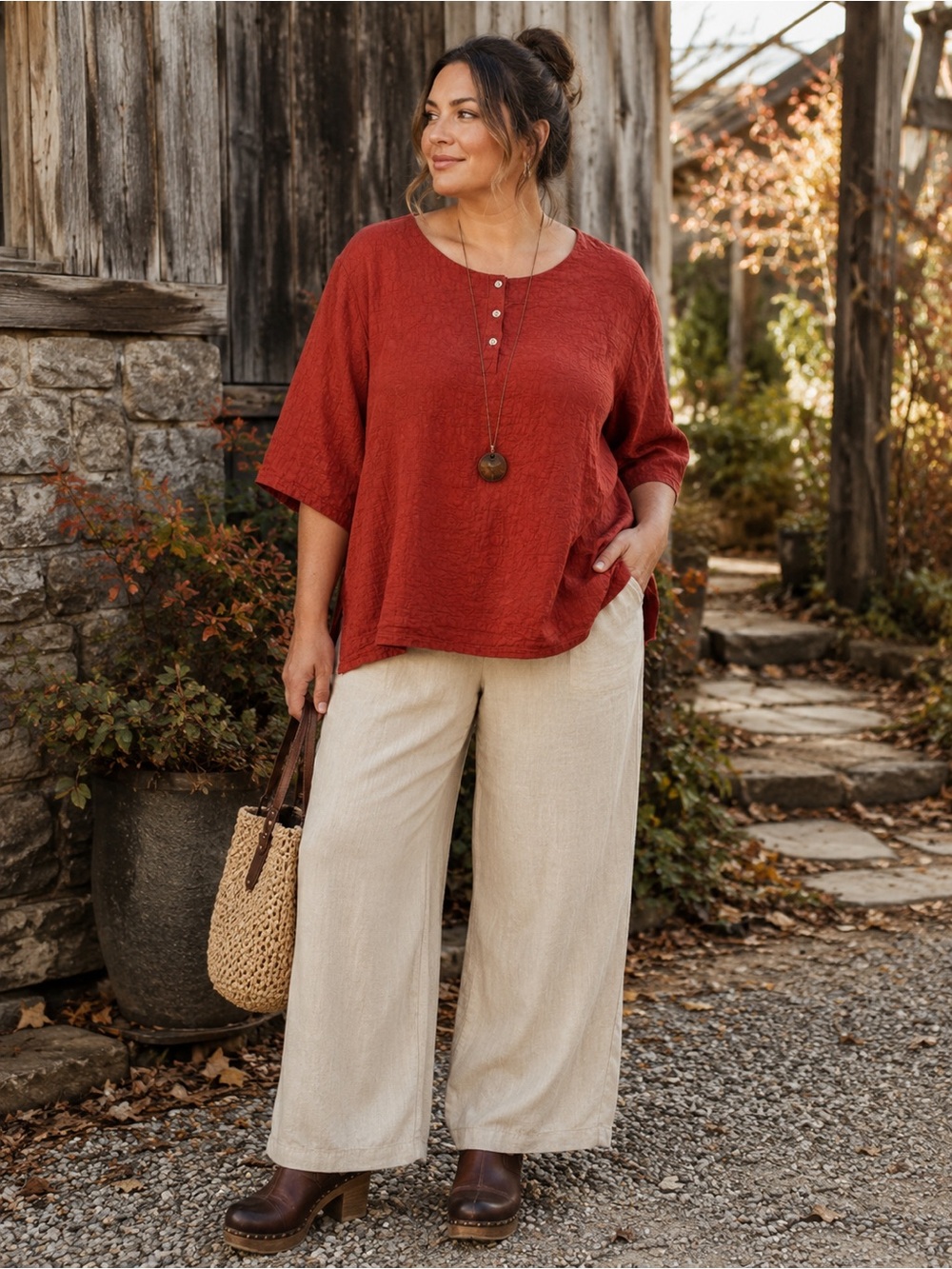 Linen Cotton Burnt Orange Textured Henley Tunic Top XXL Relaxed Boho